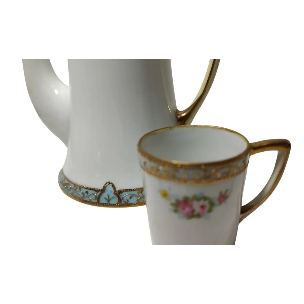 Antique Nippon Chocolate Pot Demitasse Mug Sugar Bowl Gold Moriage‎ Hand Painted
